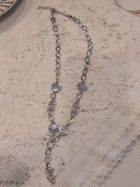 Vintage Y2K Silver Pavé Crystal Filigree Drop Necklace - Boho Chic Statement